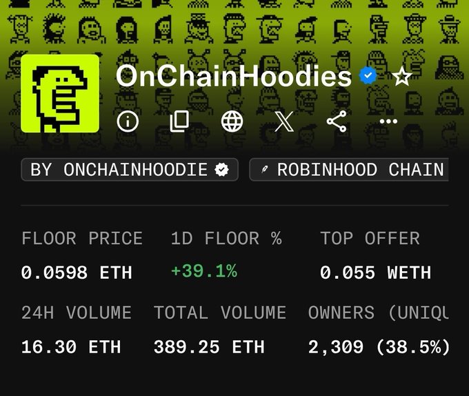 A dark-themed NFT collection dashboard for 'OnChainHoodies' on Robinhood Chain, displaying a floor price of 0.0598 ETH (+39.1%), top offer of 0.055 WETH, 24H volume of 16.30 ETH, total volume of 389.25 ETH, and 2,309 unique owners (38.5%).
