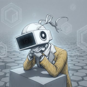 A digital artwork of a humanoid robot with a VR headset for a head and trailing ribbons, sitting thoughtfully on a cube in a surreal landscape with floating hexagonal shapes.