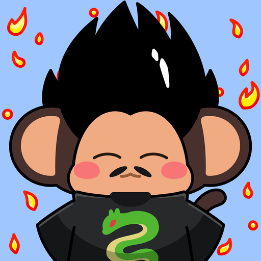 A cartoon chimpanzee character with spiky black hair and closed, smiling eyes wears a black shirt featuring a green snake emblem, set against a light blue background scattered with red and yellow flame motifs—fitting imagery for a "migration complete" milestone celebrating Chimpers NFT #5452 reaching 70.2% collection progress.