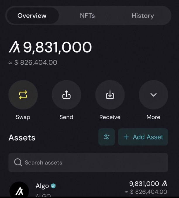 Mobile app screenshot of a cryptocurrency wallet showing a balance of '9,831,000' Algo tokens (approximately $826,404.00) with Swap, Send, and Receive options.