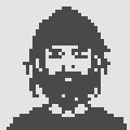 A simple pixel art icon of a man with a mustache and glasses against a white background.