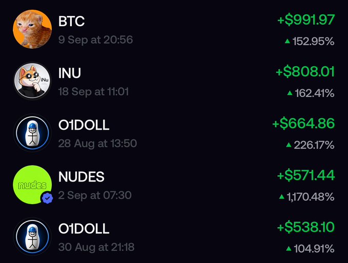 Cryptocurrency portfolio screenshot showing major gains on various meme coins: BTC +$991.97, INU +$808.01, O1DOLL +$664.86, NUDES +$571.44, and O1DOLL +$538.10.