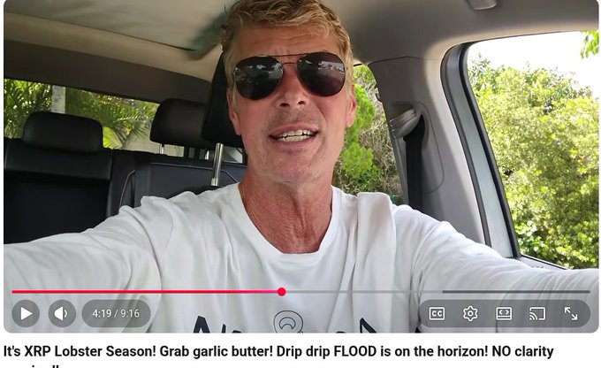 A YouTube video thumbnail shows a man in sunglasses in a car, with the title 'It's XRP Lobster Season! Grab garlic butter! Drip drip FLOOD is on the horizon! NO clarity'.