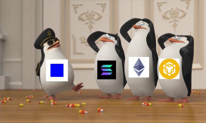 Four animated penguins; the leftmost wears a pirate hat, and three of them have cryptocurrency logos (Solana, a purple 'S' logo, Ethereum, Binance) on their bellies.