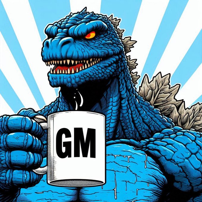 A cartoon-style illustration of Godzilla holding a white mug with 'GM' written in bold black letters against a blue and white sunburst background.