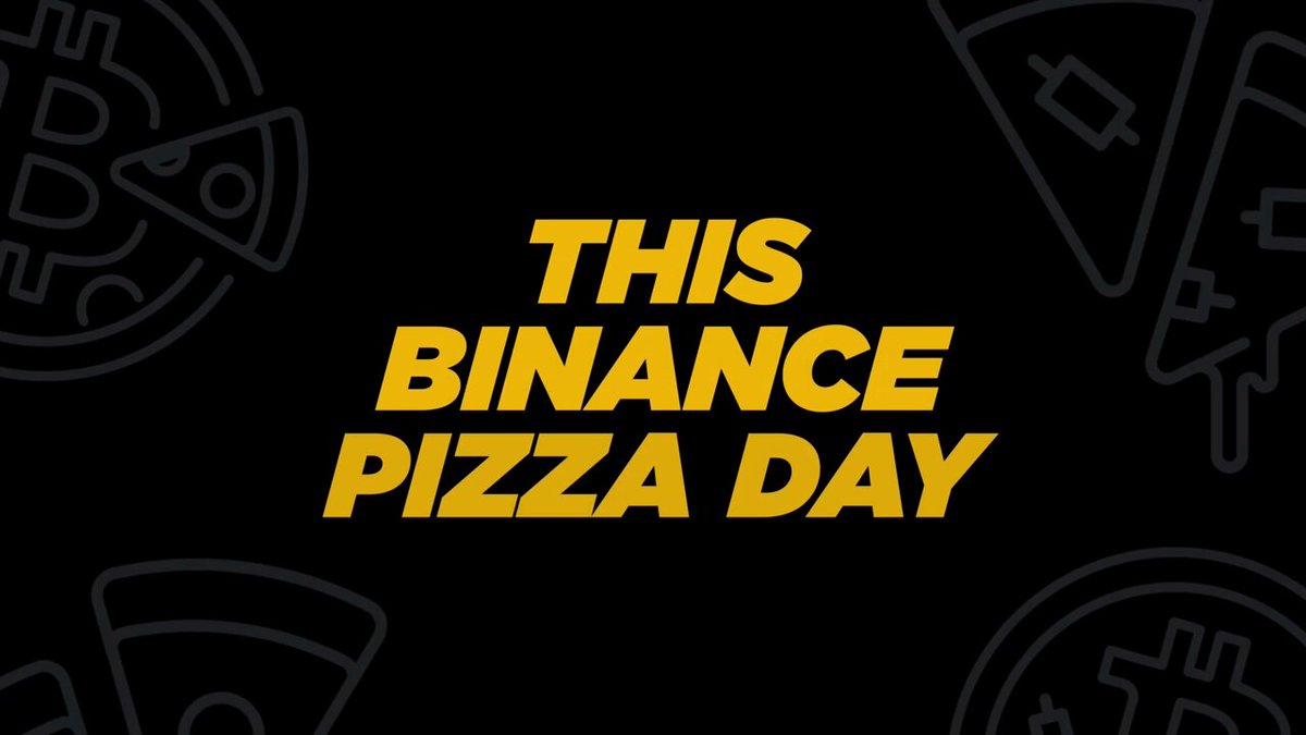 The image features a black background with white text that reads "This binance pizza day" written in yellow letters. The text is surrounded by various pizza icons, including slices of pizza and pizza boxes, which are scattered throughout the image. These icons create an overall sense of celebration and fun associated with the binance cryptocurrency.