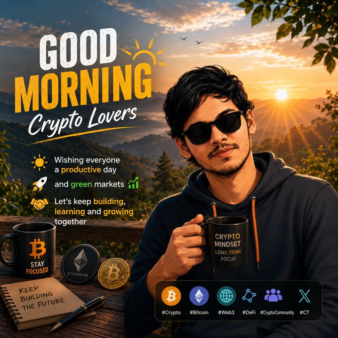 A motivational 'Good Morning Crypto Lovers' graphic featuring a man in sunglasses holding a mug labeled 'CRYPTO MINDSET LONG TERM FOCUS', surrounded by Bitcoin and Ethereum merchandise and hashtags like #Crypto and #Bitcoin.