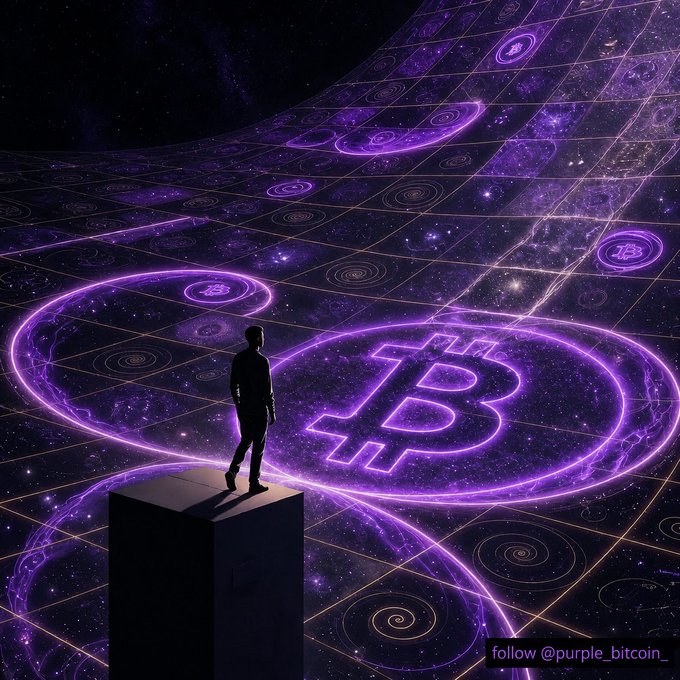A silhouetted figure stands atop a dark pillar gazing at a vast cosmic plane filled with glowing purple Bitcoin symbols and swirling galaxy patterns, with the text 'follow @purple_bitcoin_' in the corner.