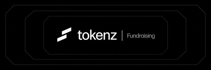 The image displays a sleek, dark promotional banner with the text "tokenz | Fundraising" alongside a stylized white logo, set against a black background with layered border accents. It visually represents the fundraising aspect of tokenz.run, the app-building platform that unifies product development, fundraising, and community-building for founders.