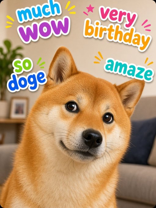 A photo of a smiling Shiba Inu dog decorated with colorful Doge-style meme text stickers reading "much wow," "very birthday," "so doge," and "amaze."