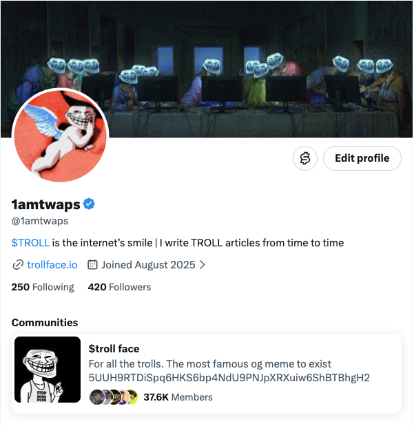 Twitter profile for '1amtwaps' (@1amtwaps) with bio '$TROLL is the internet's smile | I write TROLL articles from time to time', featuring a trollface cherub avatar and header of trolls at computers.