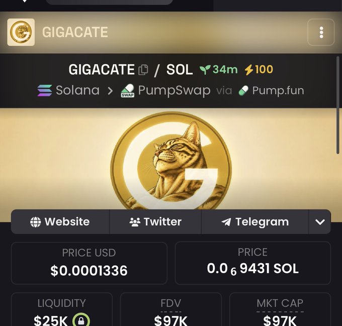 A cryptocurrency tracker screen for 'GIGACATE' on PumpSwap via Pump.fun, showing a price of $0.0001336 (0.00009431 SOL) with $25K liquidity and $97K market cap.