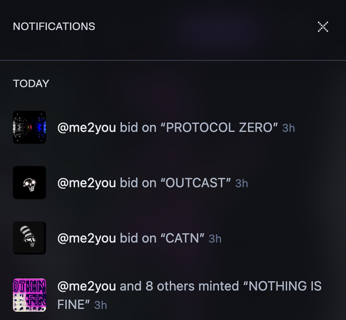 A notifications screen displays updates for user '@me2you' including bids on 'PROTOCOL ZERO', 'OUTCAST', 'CATN', and a mint of 'NOTHING IS FINE' with 8 others.