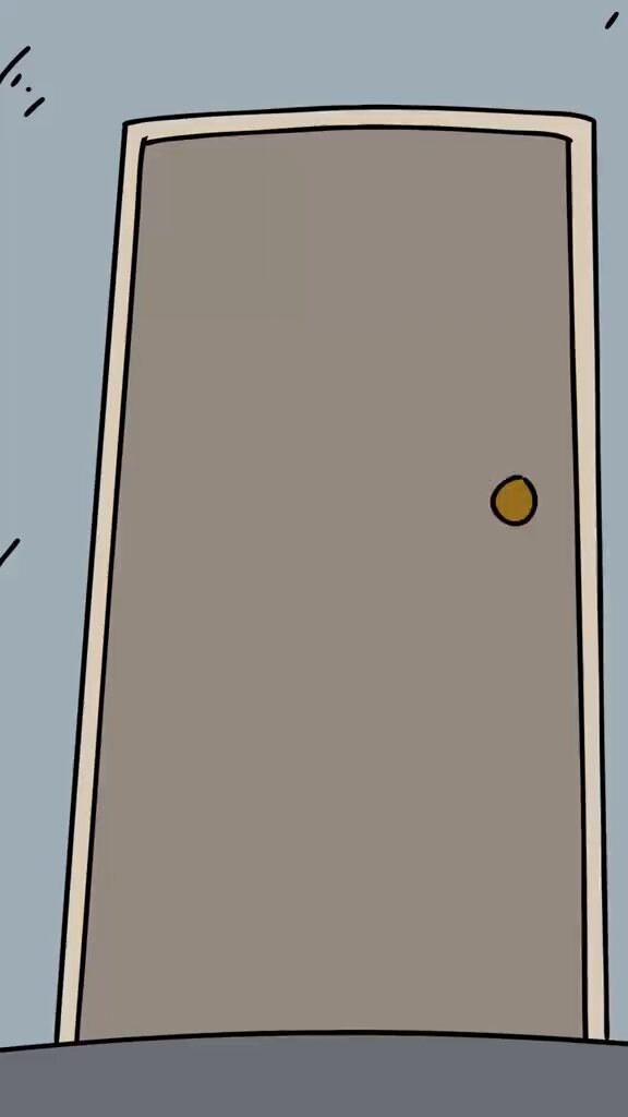 The main focus of the image is a cartoon door, which appears to be open with its handle turned to the right side. The door has white trim and a light brown color, giving it a more traditional appearance compared to contemporary designs. It seems as if this door is part of a larger scene or character that could be in an advertisement for "1 trade is all it takes to retire".