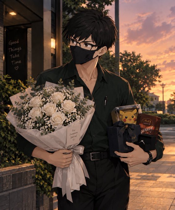 An anime-style illustration of a young man wearing glasses and a black face mask, holding a large bouquet of white roses and a gift box containing a Pikachu plush and chocolates.