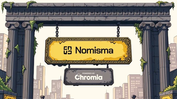 A pixel art image showing an ancient Greek-style gate with columns and a golden sign reading 'Nomisma' with 'POWERED BY Chromia' below it, set against a cityscape.