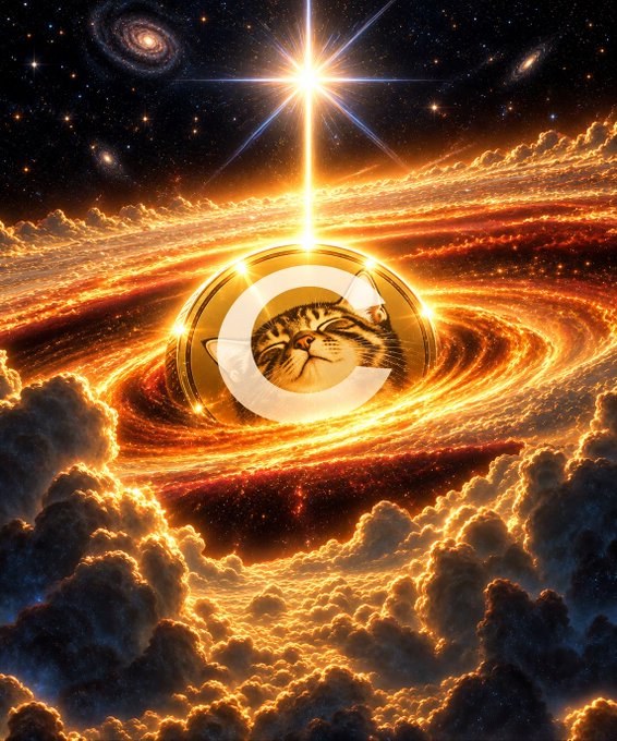 A digital artwork featuring a sleeping tabby cat inside a golden ring, surrounded by swirling fiery clouds and galaxies beneath a bright star.