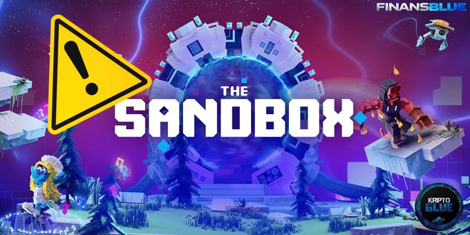 A promotional graphic for 'THE SANDBOX' video game shows animated characters around a portal, with 'FINANSBLUE' and 'KRYPTO BLUE' logos, and a yellow warning triangle.