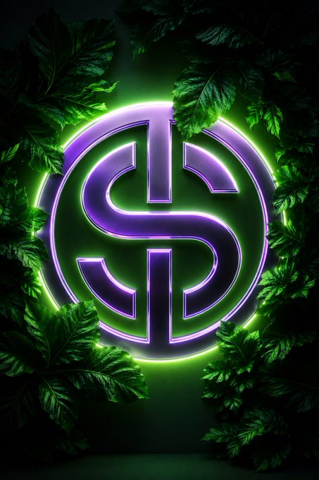A stylized dollar sign ($) emblem glowing in neon purple and green, set against a backdrop of dark green leaves in a moody, illuminated display.