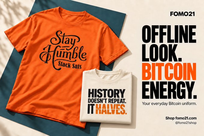 A promotional advertisement for FOMO21 brand t-shirts, featuring an orange 'Stay Humble Stack Sats' shirt and a white 'History Doesn't Repeat. It Halves.' shirt, with the tagline 'OFFLINE LOOK. BITCOIN ENERGY.'