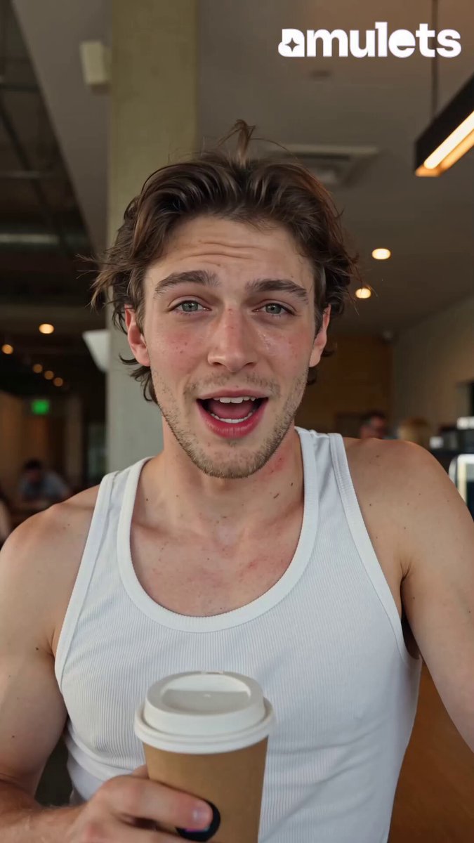 A man with messy brown hair wearing a white tank top holding a coffee cup is smiling, possibly posing for a photo or video. The focus of the image appears to be on him and his surroundings but doesn't provide any context related to the image's content.