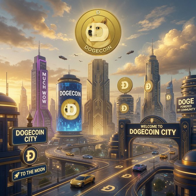 An AI-generated futuristic cityscape branded as "DogeCoin City," featuring golden Dogecoin tokens, skyscrapers labeled "MUCH WOW" and "DOGE POWERED BY COMMUNITY," and a "TO THE MOON" sign.