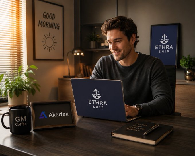 A man smiling while working on a laptop branded 'ETHRA SHIP' at a desk featuring an 'Akadex' tablet, a 'GM Coffee' mug, and a 'GOOD MORNING' framed poster.