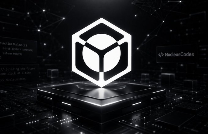 A dark, futuristic logo for 'NucleusCodes' featuring a glowing white hexagonal emblem on a pedestal, surrounded by code snippets like 'function Nucleus() { const build = innovate; return future; }' and the tagline 'Building the future one block at a time'.