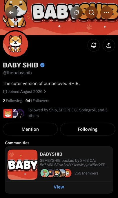 A screenshot of an X (Twitter) profile for 'BABY SHIB' (@thebabyshib), describing itself as 'The cuter version of our beloved SHIB,' with 941 followers and joined August 2026.