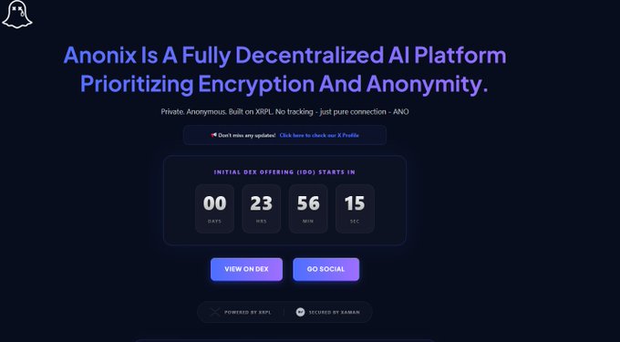 The image shows a website called "@Anonix" with a blue background. The title of the image is "THE NEXT EVOLUTION OF AI-POWERED MARKPLACE UTILITY IS ARRIVING ON THE #XRPL-LEDGER." This text indicates that a new innovation or update in an AI-powered marketplace utility may be coming soon, and it is related to using Ethereum technology. The image focuses on the content displayed within the website, so its primary information might not relate directly to the title but can still provide some context about the content of "@Anonix" itself.