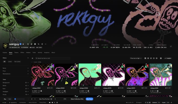 This image shows an NFT marketplace listing page for the "rektguy" collection on OpenSea, displaying various colorful animated artwork pieces with the floor price of 0.2687 ETH, featuring cartoon characters in stylized poses against vibrant, graffiti-inspired backgrounds. The collection's statistics visible at the top (40 ETH volume, 23.1% change, 13.68 ETH listed) suggest it's an actively traded project, aligning with the post's enthusiasm about the rektguy project's success.