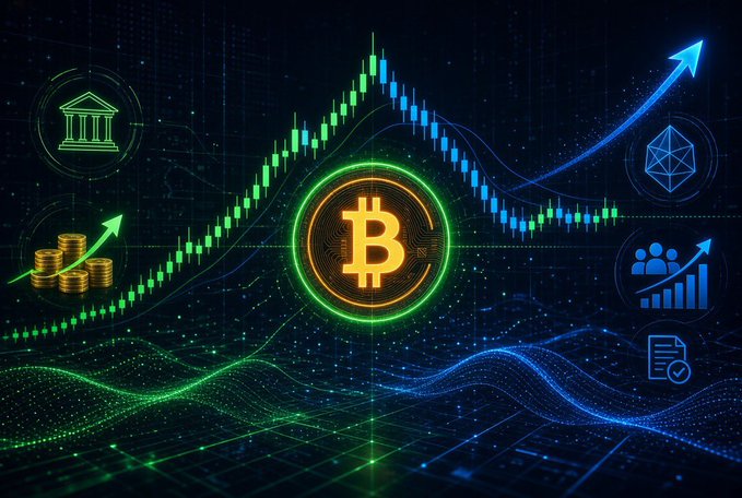 A digital graphic displaying a Bitcoin symbol with a candlestick chart, upward trend arrow, and icons representing banking, crypto, and analytics.