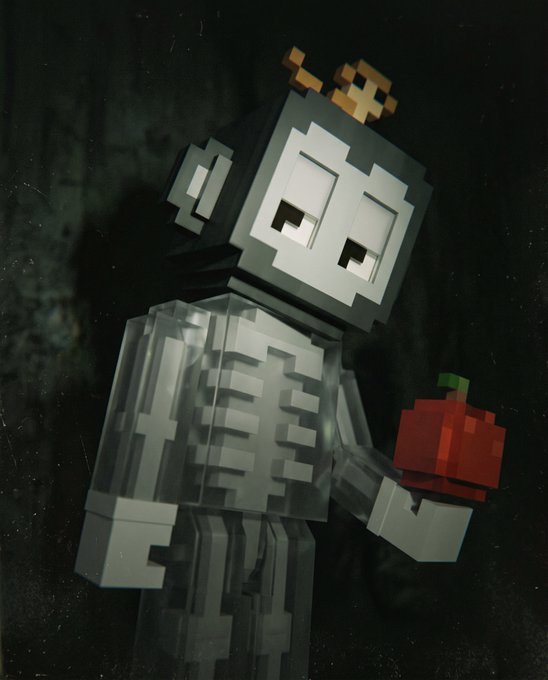 A 3D-rendered Minecraft-style skeleton character wearing a gold crown and holding a red apple against a dark background.