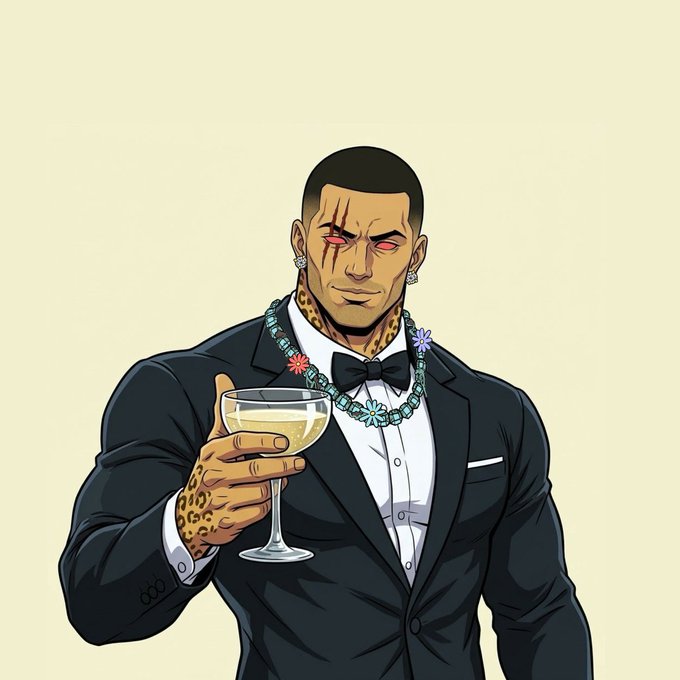 A stylized illustration of a sharply dressed man with facial and body tattoos, red eyes, jewelry, and a turquoise flower necklace, holding a cocktail in a coupe glass.