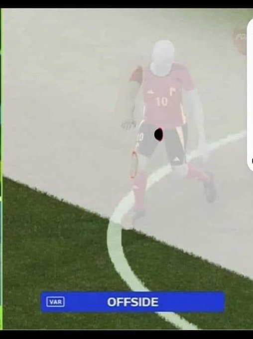 A soccer/football VAR review screenshot showing a player in a red #10 jersey near the goal line with an "OFFSIDE" determination displayed.