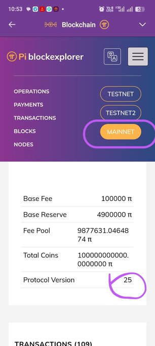 A screenshot of the Pi Blockexplorer shows the Blockchain page set to Mainnet, displaying details like a Base Fee of 100,000 π, Total Coins of 100,000,000,000 π, and a hand-drawn circle highlighting Protocol Version 25, referencing the post's discussion of an upcoming Protocol v26 upgrade.