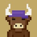 A pixel art illustration of a brown bull or cow character wearing a purple headband with white horns.