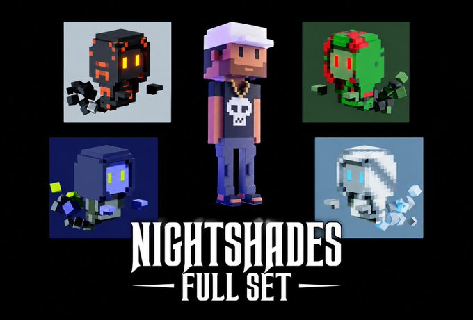 Promotional artwork titled 'NIGHTSHADES FULL SET' featuring a Minecraft-style character in a skull shirt surrounded by four cube-shaped creature variants in black, green, blue, and white.