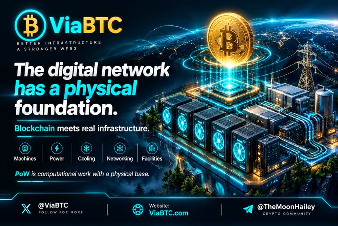 A promotional graphic for 'ViaBTC' about Bitcoin mining, stating 'The digital network has a physical foundation' and depicting glowing mining hardware, with social media handles @ViaBTC and @TheMoonHailey.