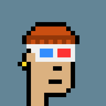 A pixel art portrait of a character wearing red 3D glasses and a brown hat with an earring.
