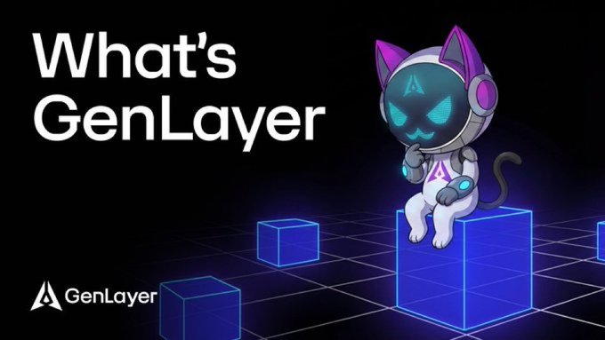 A dark themed graphic asking 'What's GenLayer' featuring a glowing neon blue and white robotic cat character with the GenLayer logo and a grid of blue 3D blocks.
