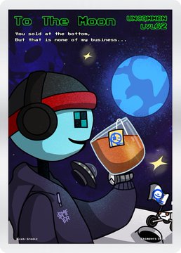 Animated Among Us character illustration titled 'To The Moon' featuring a crewmate in a beanie and headphones holding an ETH coin, with text reading 'You sold at the bottom. But that is none of my business...'
