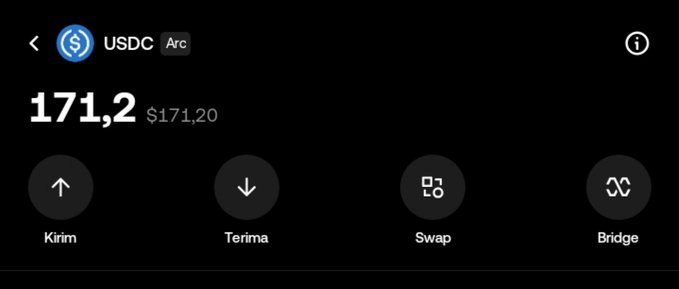 A digital wallet interface displaying a USDC (Arc) balance of 171.2 ($171.20) with action buttons labeled Kirim, Terima, Swap, and Bridge.