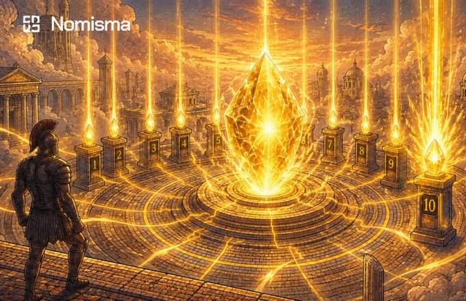 A fantasy-themed digital illustration branded with the 'Nomisma' logo, showing a Roman warrior standing before a massive glowing crystal surrounded by numbered pedestals (1-10) topped with golden flames in an ancient cityscape.