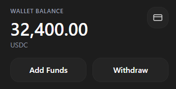 A digital wallet interface displaying a USDC balance of 32,400.00 with 'Add Funds' and 'Withdraw' button options on a dark background.