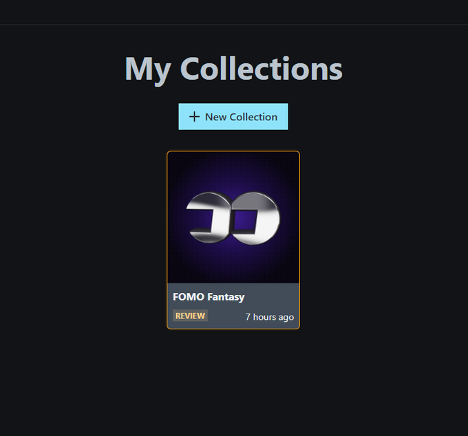 A mobile app screenshot titled 'My Collections' showing a single collection card labeled 'FOMO Fantasy' marked for review.