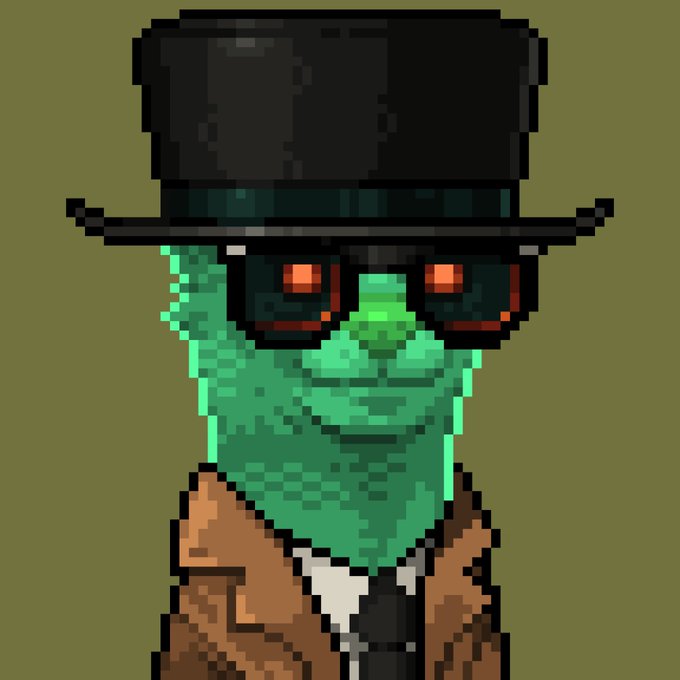 A pixel art green mongoose wearing a black top hat and red-tinted sunglasses stands against an olive background, dressed in a brown suit jacket to match the post's playful "Bitcoin Mongoose" theme tied to the ticker @BTC_MONG.