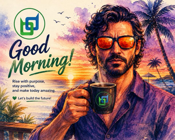 A watercolor-style 'Good Morning!' graphic features a bearded man in red sunglasses holding a branded mug against a tropical sunset, with text reading 'Rise with purpose, stay positive, and make today amazing. Let's build the future!' alongside a green logo.