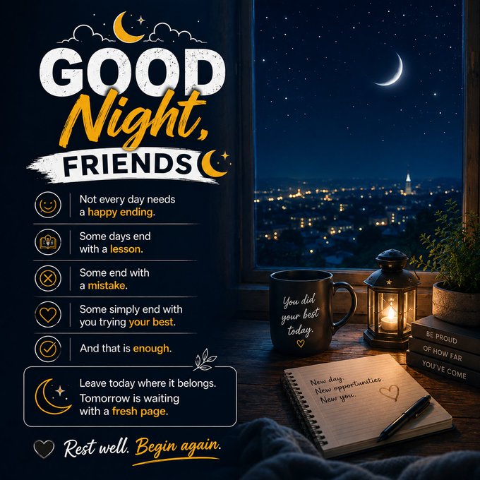 A nighttime-themed motivational graphic titled 'GOOD Night, FRIENDS' features a cozy window scene with a lantern, a mug reading 'You did your best Today', and inspirational messages like 'Not every day needs a happy ending' and 'Rest well. Begin again.'