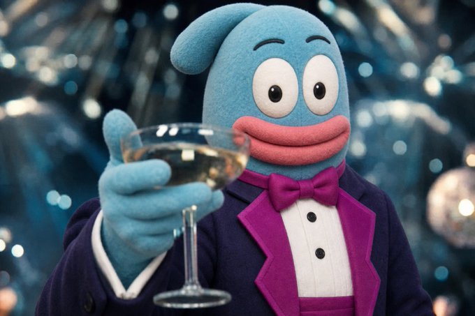 A plush blue creature mascot wearing a purple tuxedo with a magenta bow tie holds up a champagne glass in a sparkling celebration setting.